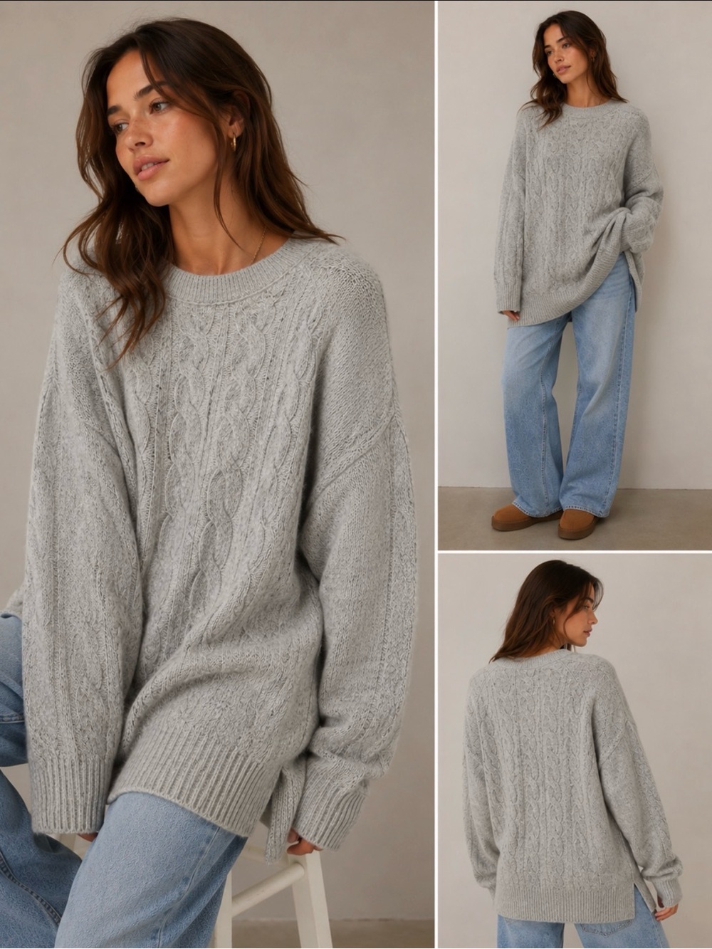 aerie Light Gray Cable Knit Crew Sweater
